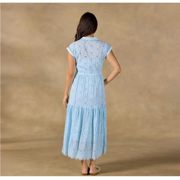 Sundance Astoria Eyelet Blue Buttoned Ruffled Cap Sleeve Tiered Midi Sun Dress - Picture 7 of 13